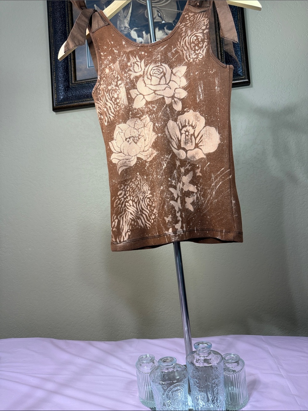 Custom bleached French Connection Tank Top with Colorful Boxing Glove Graphic